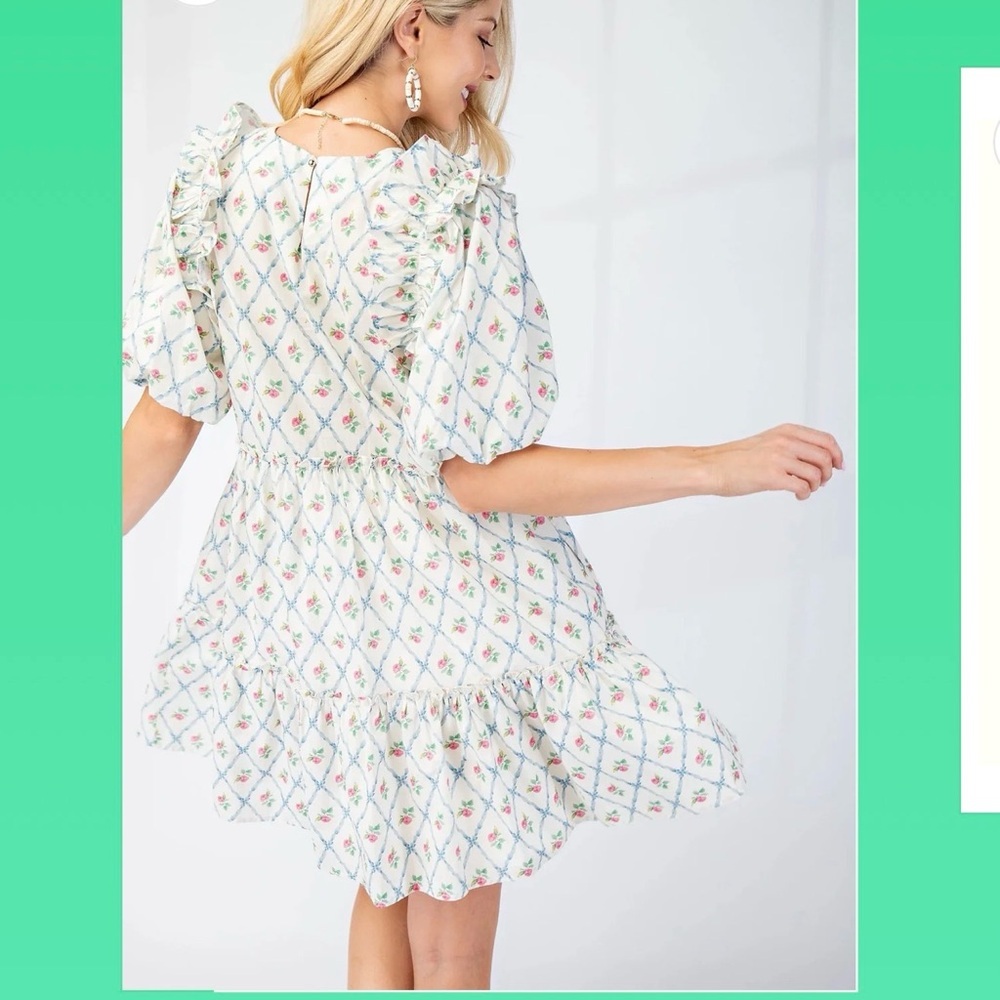 Gigio Round neck mini babydoll Tiered Cottage core puff sleeves trellis Dress Sm